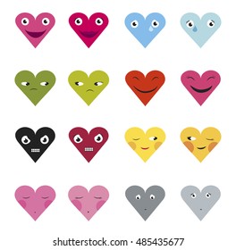 Set of heart icons with different expressions.