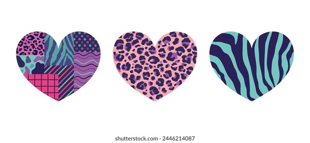 Conjunto de iconos de corazón con diferentes patrones en colores retro. Corazón con estampado de leopardo, estampado de cebra y patrones geométricos. Ilustración vectorial