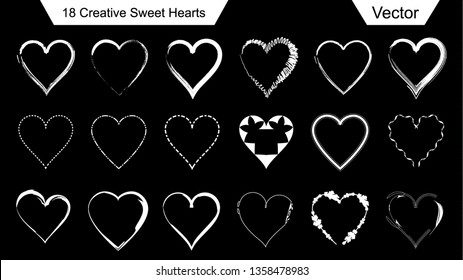 Set of Heart Icons Different Shape & Design Isolated on Black Background. Vector Illustration