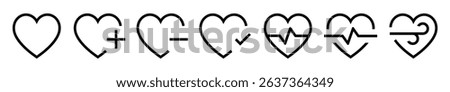 Set of heart icons featuring medical and emotional symbols like heartbeat, plus, minus, and check signs. Ideal for healthcare, cardiology, relationships, and Valentine. Heart, hearts, icons.