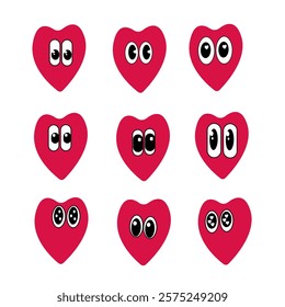 Set of heart icons. Funny, amusing faces.Valentine's Day icons.Heart-shaped icons.Cartoon icons. Hearts with eyes in red color.