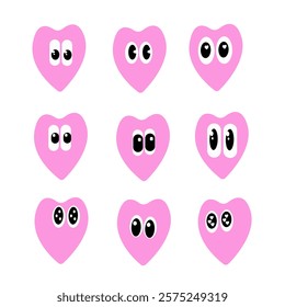 Set of heart icons. Funny, amusing faces.Valentine's Day icons.Heart-shaped icons.Cartoon icons. Hearts with eyes in red color.