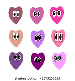 Set of heart icons. Funny, amusing faces.Valentine's Day icons.Heart-shaped icons.Cartoon icons. Hearts with eyes in red, pink, purple colors