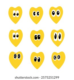 Set of heart icons. Funny, amusing faces.Valentine's Day icons.Heart-shaped icons.Cartoon icons. Hearts with eyes in yellow color.