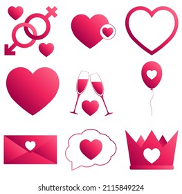Set of heart icons with gradient pink color for St. Valentines Day