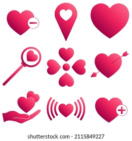 Conjunto de íconos del corazón con color rosa degradado para el Día de San Valentín