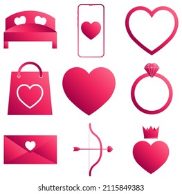 Conjunto de íconos del corazón con color rosa degradado para el Día de San Valentín
