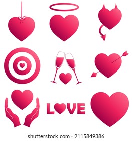 Set of heart icons with gradient pink color for St. Valentines Day
