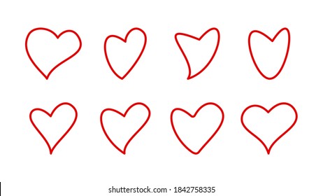 Set of Heart Icons. Hand Drawn Hearts in Red Linear Style isolated on White Background. Flat Vector Icon Design Template Elements.