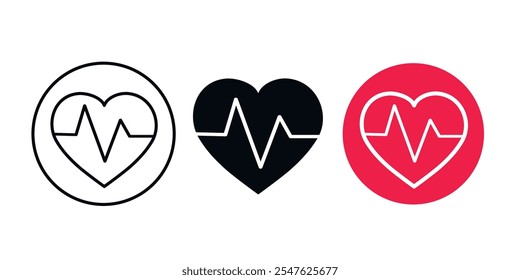 Conjunto de iconos de corazón con líneas de latidos del corazón en variaciones negras, rojas y blancas. Concepto médico y de salud