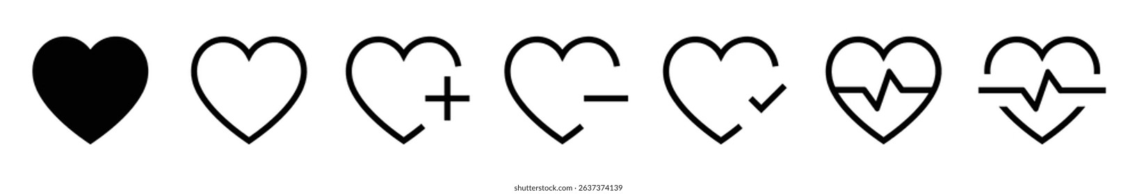 Set of heart icons. Includes filled, outline, medical, and checkmark variations. Perfect for healthcare, cardiology, fitness, and app UI design. Heart, heart icons, vector, icons.