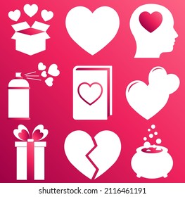 Set of heart icons on gradient pink color background for St. Valentines Day