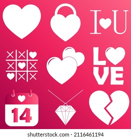 Set of heart icons on gradient pink color background for St. Valentines Day