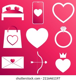 Conjunto de iconos cardíacos sobre fondo de color rosa degradado para el Día de San Valentín