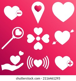 Set of heart icons on gradient pink color background for St. Valentines Day