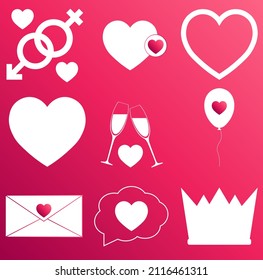 Conjunto de iconos cardíacos sobre fondo de color rosa degradado para el Día de San Valentín