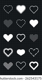 Set of heart icons on a grid background. Various heart designs, including dotted, lined, and solid. Perfect for Valentine's, love themes, and romantic designs. Black Valentine's Day elements, vector.