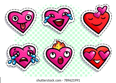 Set of heart icons on white background. Emoji vector in pop art style. Love faces smile icon set. Emoticon icon web.