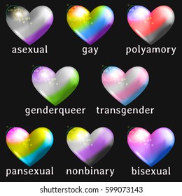 Set of heart icons with queer flag colors (eps10);