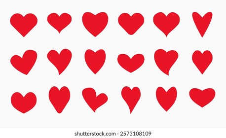 Set of heart icons in red. Collection of love element. Set of 18 hearts in simple style. Vector Illustration.