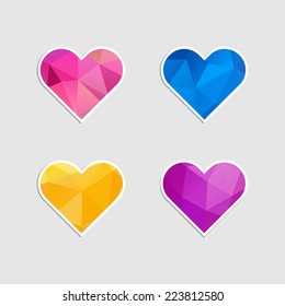 Set of heart icons with triangles pattern. Vector illustration.
