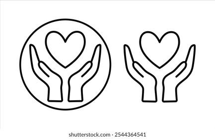 A set of Heart icons in your hand. Hands holding the heart icon. A love icon. A symbol of health, medicine. Medical hands holding the heart in a flat and linear style - Stock vector image.