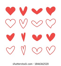 Set of heart illustrations, collection of love symbols. Design elements for Valentine's Day. Vector illustration isolated on white background.
