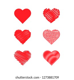 Set of heart illustrations.Hearts with scribble effect.