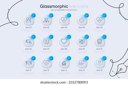 Set of Heart, Inclusion and Friends chat line icons for web app. Love, Lgbt, Love award icons. Hold heart, Romantic dinner, Divorce lawyer signs. Wedding glasses, For ever, Be sweet. Vector