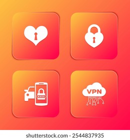 Set Corazón con ojo de cerradura, Castillo en forma de corazón, Sistema de seguridad de coche inteligente e icono de interfaz VPN en la nube. Vector