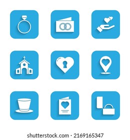 Set Heart with keyhole, Greeting card, Diamond engagement ring, Location heart, Cylinder hat, Church building, hand and  icon. Vector