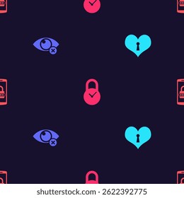 Set Corazón con ojo de cerradura, invisible u ocultar, reloj de candado y móvil y Contraseña en patrón transparente. Vector