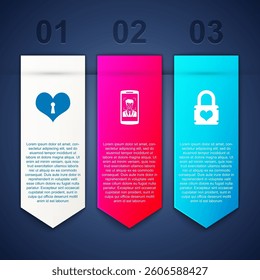 Set Heart with keyhole, Mobile and face recognition and Padlock heart. Business infographic template. Vector