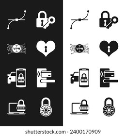 Ajuste el corazón con el agujero de llave, circuito de microchip VPN, curva Bezier, bloqueo y, sistema de seguridad de coche inteligente e icono inalámbrico de cerradura de puerta digital. Vector