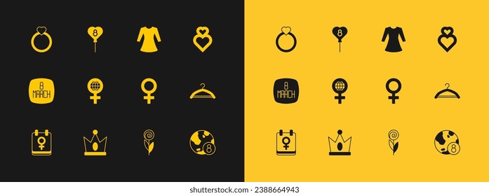 Set Heart, King crown, Female gender symbol, Flower, International Women Day, Woman dress, Diamond engagement ring and Balloons with 8 March icon. Vector