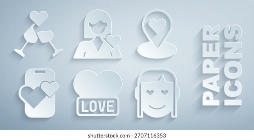 Set Heart, Localização com coração, Namoro app online móvel, menina romântica, e vidro de champanhe ícone. Vetor