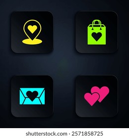 Set Heart, Location with heart, Envelope Valentine and Shopping bag. Black square button. Vector