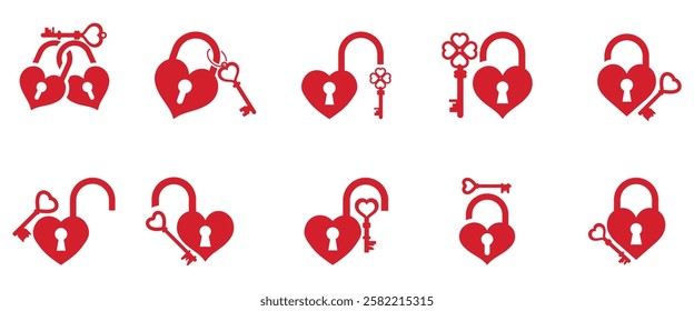 Set of heart lock and key icons symbolizing love, security, romance, trust, commitment, relationships, wedding, Valentine's Day, passion, protection, and emotional connection in a romantic theme.