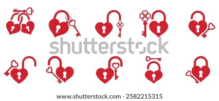 Set of heart lock and key icons symbolizing love, security, romance, trust, commitment, relationships, wedding, Valentine's Day, passion, protection, and emotional connection in a romantic theme.