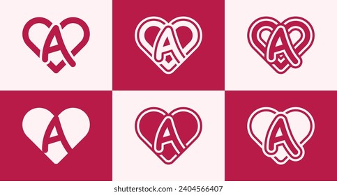 Set of heart logo with initial letter A. This logo combines letters and heart shapes with a red heart color. Suitable for dating apps, couples' anniversaries, valentines, weddings, and other love.
