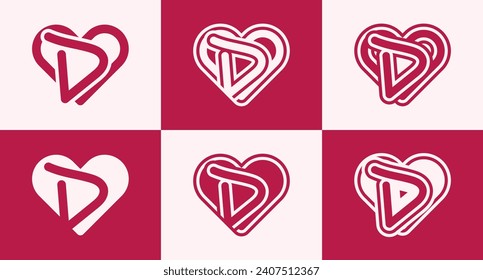 Set of heart logo with initial letter D. This logo combines letters and heart shapes with a red heart color. Suitable for dating apps, couples' anniversaries, valentines, weddings, and other love.