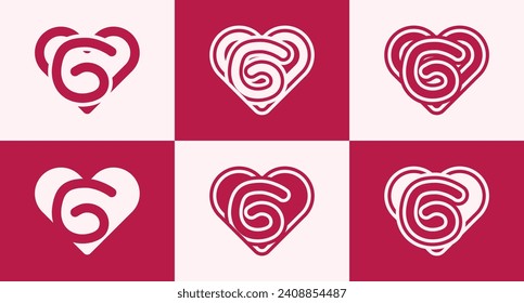 Set of heart logo with initial letter G. This logo combines letters and heart shapes with a red heart color. Suitable for dating apps, couples' anniversaries, valentines, weddings, and other love.
