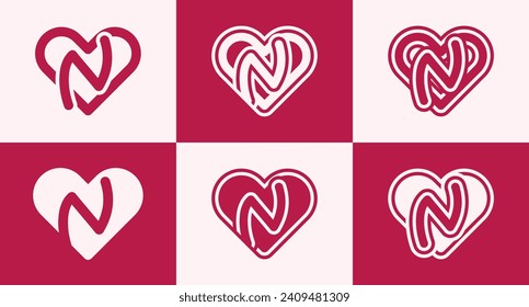 Set of heart logo with initial letter N. This logo combines letters and heart shapes with a red heart color. Suitable for dating apps, couples' anniversaries, valentines, weddings, and other love.