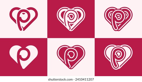 Set of heart logo with initial letter P. This logo combines letters and heart shapes with a red heart color. Suitable for dating apps, couples' anniversaries, valentines, weddings, and other love.