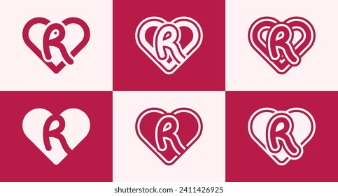 Set of heart logo with initial letter R. This logo combines letters and heart shapes with a red heart color. Suitable for dating apps, couples' anniversaries, valentines, weddings, and other love.