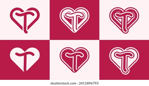 Conjunto de logotipo del corazón con letra inicial T. Este logotipo combina letras y formas cardíacas con un color cardíaco rojo. Adecuado para aplicaciones de citas, aniversarios de parejas, valentinas, bodas y otro amor.