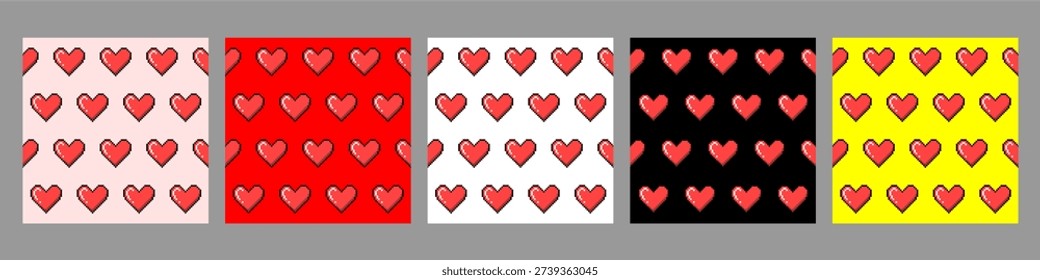set heart love pixel editable seamless vector for digital romance layouts. Ideal for vintage gaming textiles and retro Valentine wrappers. Symbolizes pixelated affection and nostalgic connections.