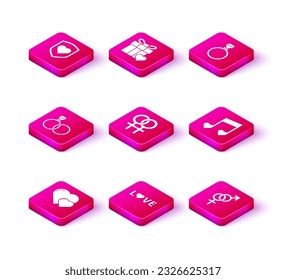 Set Heart, Love text, Wedding rings, Female gender symbol, Gender, Music note, tone with hearts,  and Gift box and icon. Vector