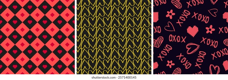 Set of heart and love theme seamless patterns. Yellow hand drawn heart pattern on black backdrop. Hot pink xoxo pattern. Red and black Checkered pattern with hearts. Vector. 