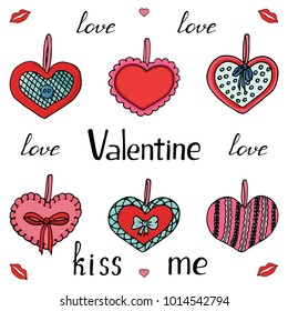 Set of heart made of cloth red, turquoise, with bow. Lettering Kiss me, Love, Valentine. Elements for the design of a greeting card for St. Valentine's Day. Hand drawing. Vector illustration.